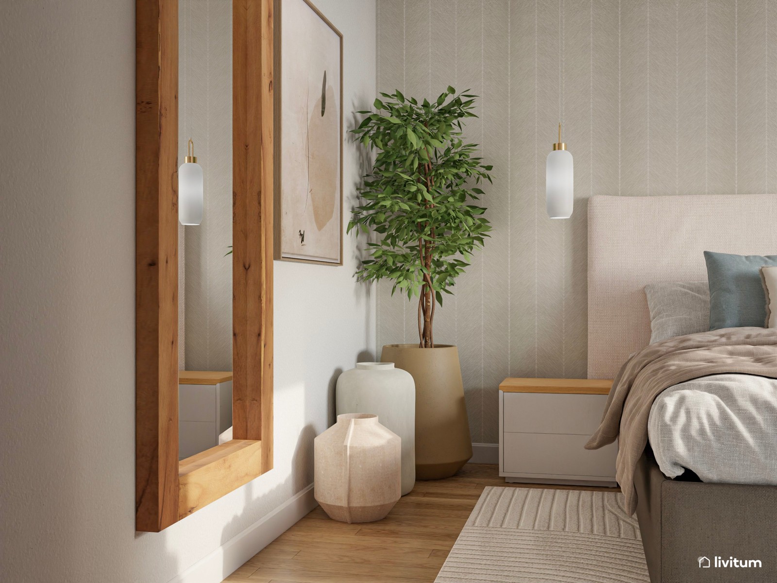 Relajado dormitorio en tonos suaves