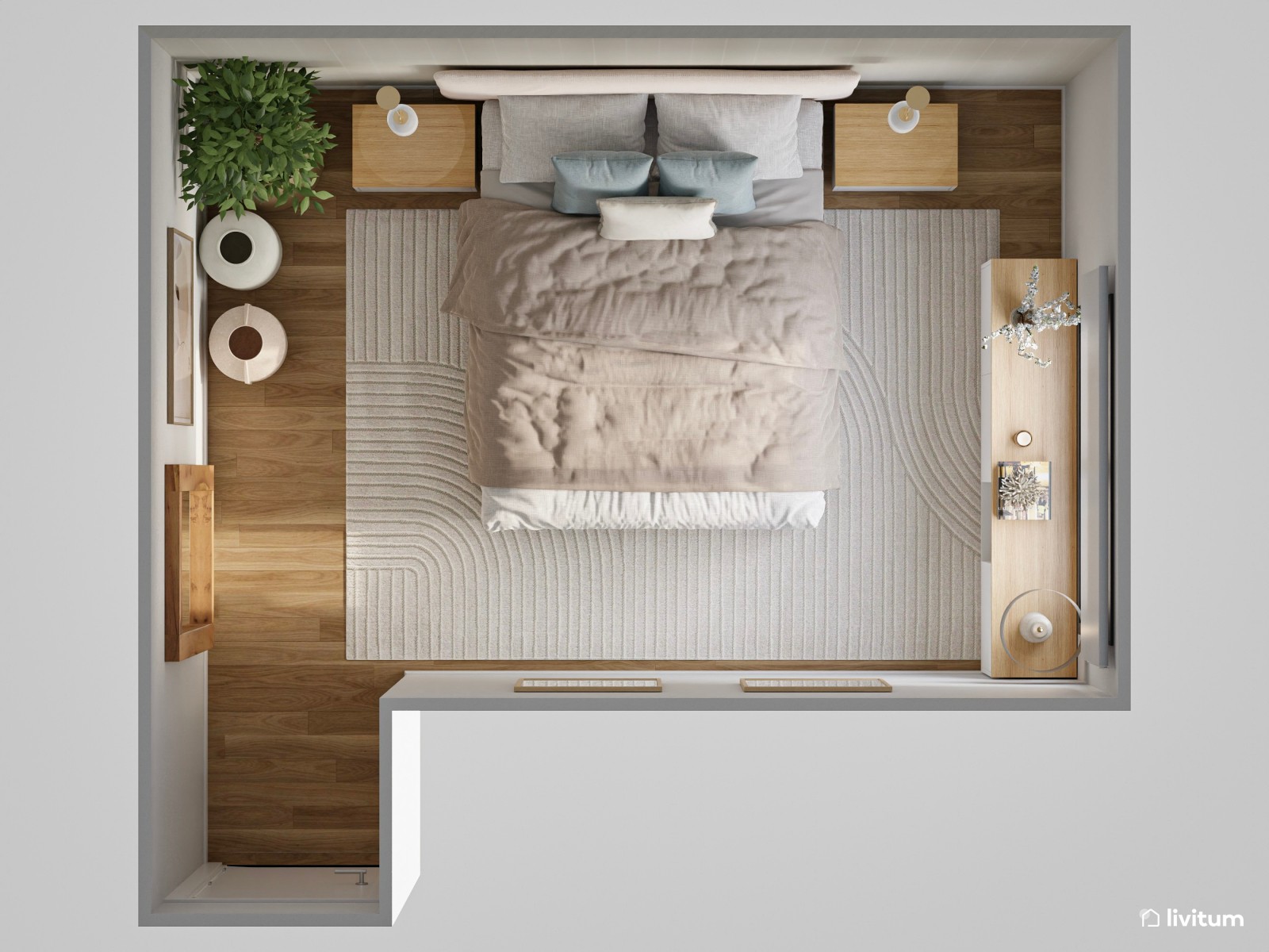 Relajado dormitorio en tonos suaves