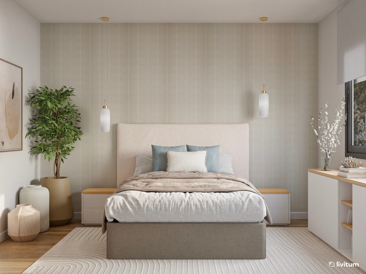 Relajado dormitorio en tonos suaves