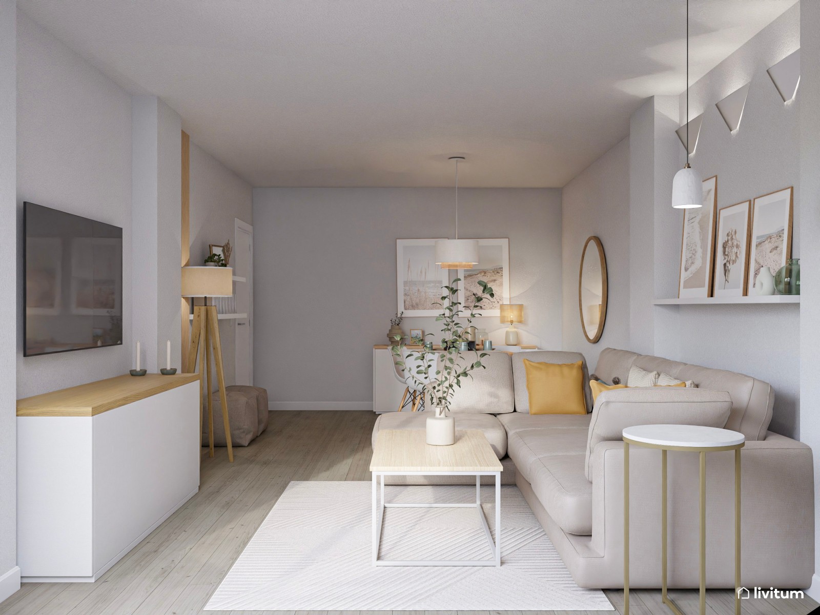 Relajado salón comedor nórdico con colores suaves y listones de madera