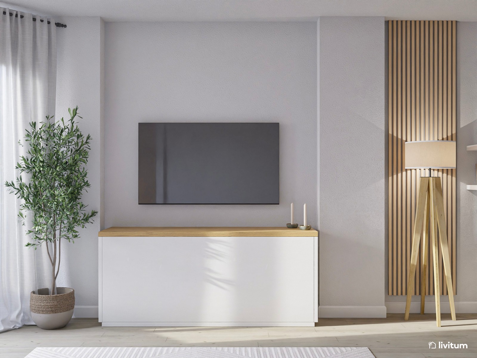 Relajado salón comedor nórdico con colores suaves y listones de madera