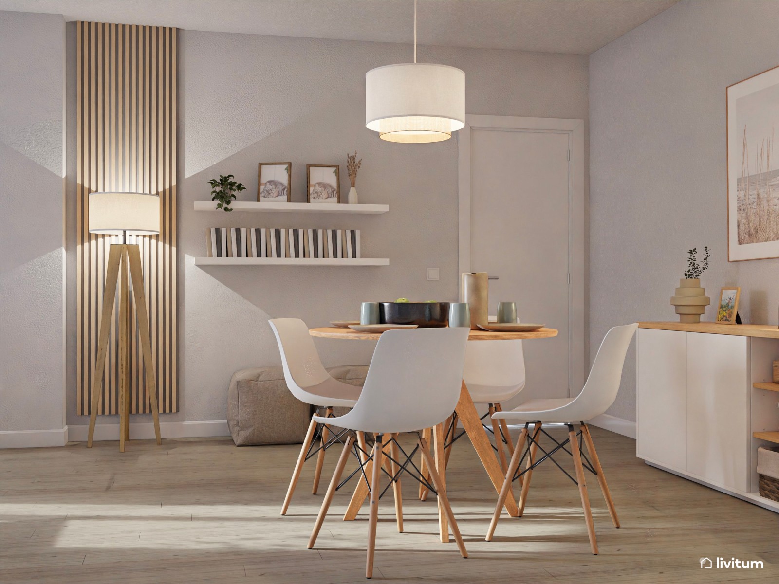 Relajado salón comedor nórdico con colores suaves y listones de madera