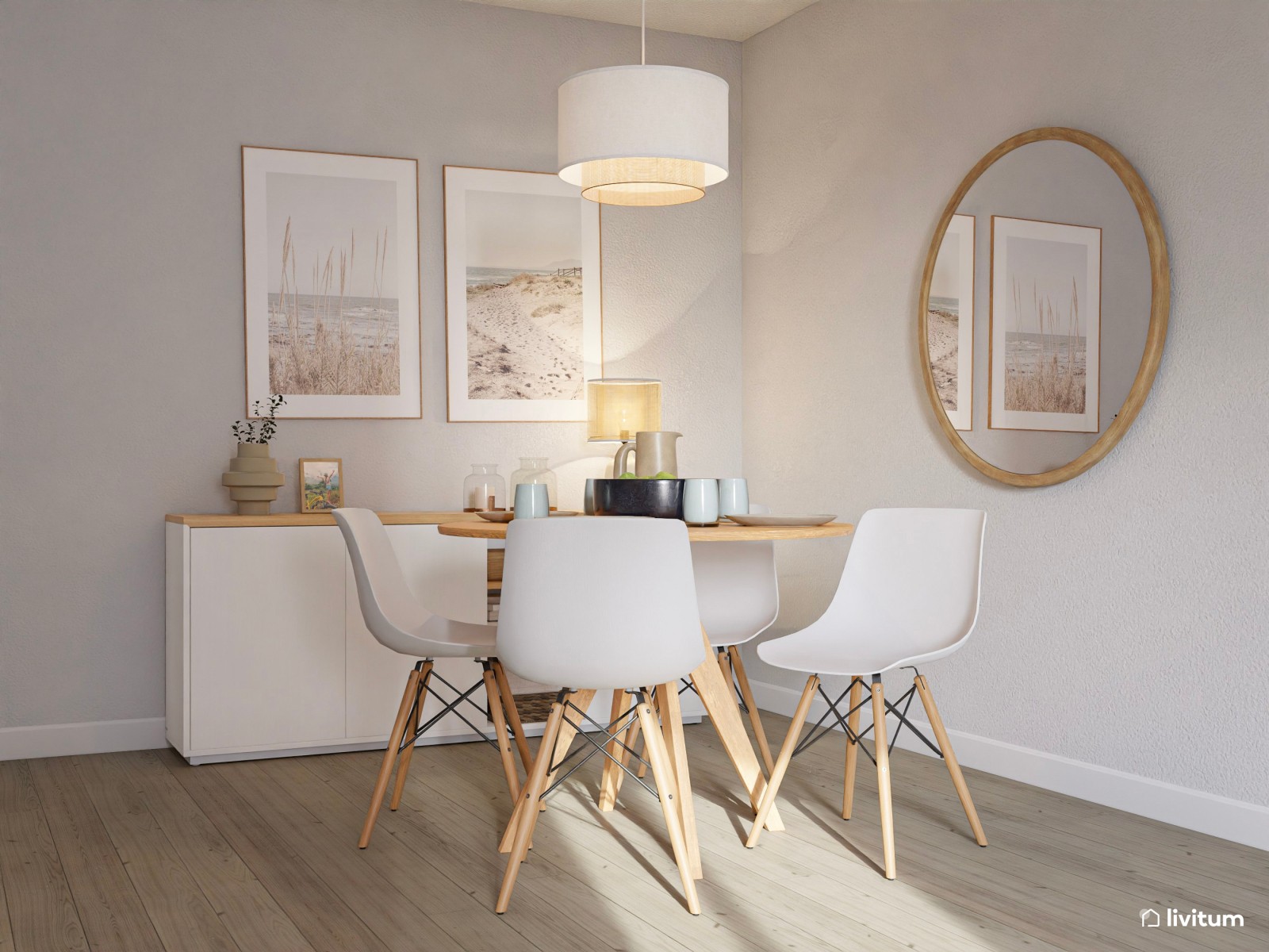 Relajado salón comedor nórdico con colores suaves y listones de madera
