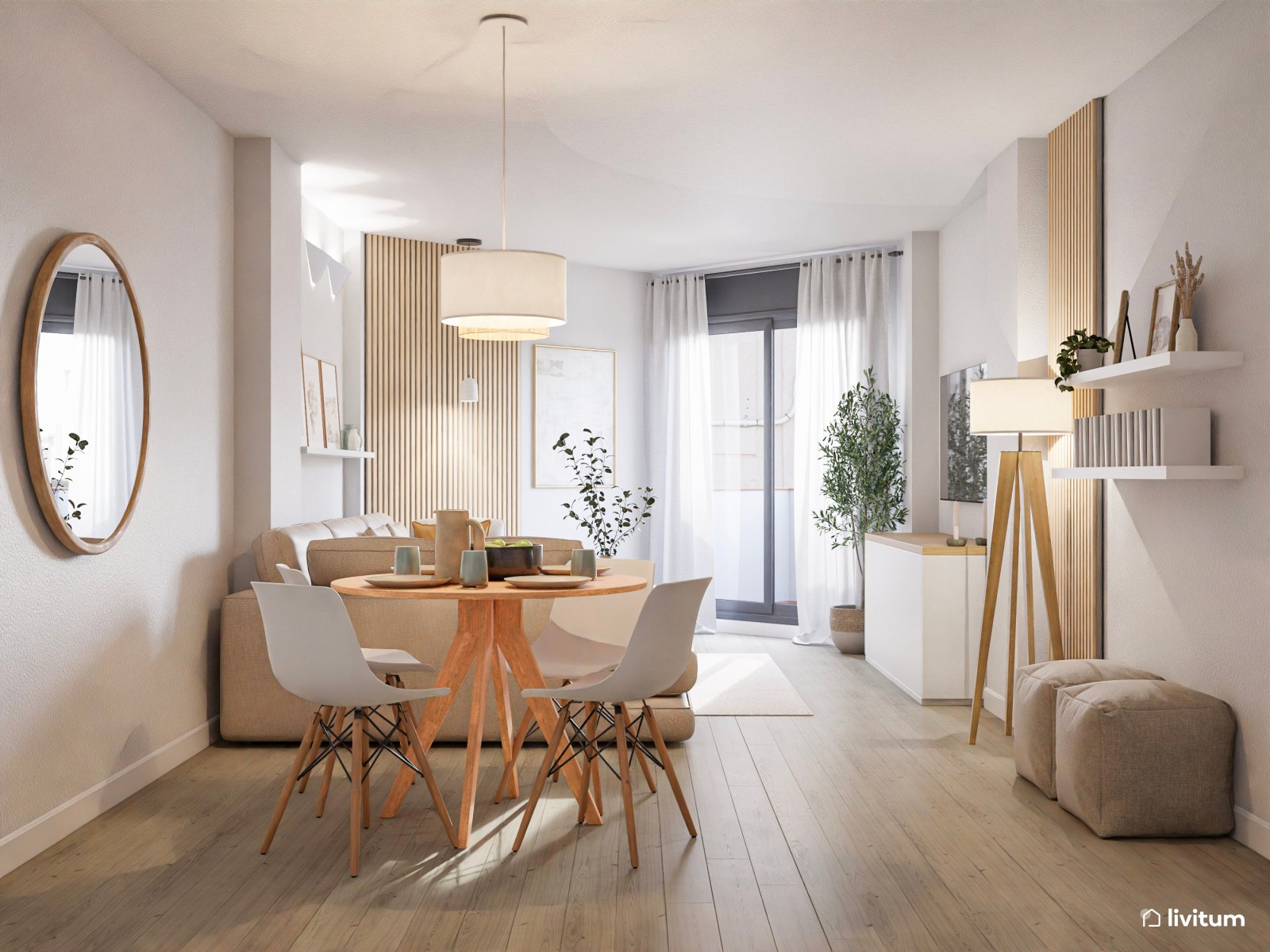 Relajado salón comedor nórdico con colores suaves y listones de madera