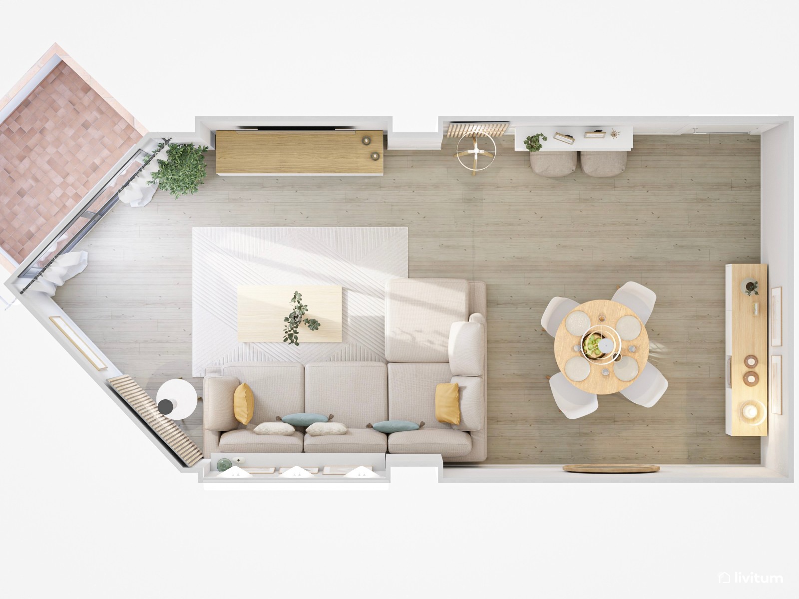 Relajado salón comedor nórdico con colores suaves y listones de madera