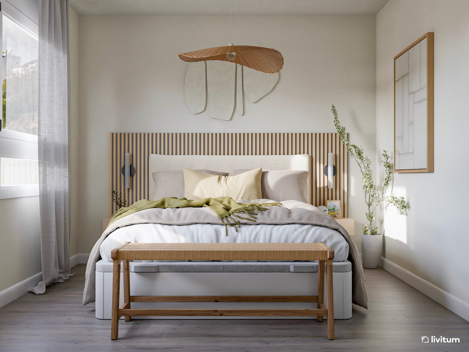 Relajado  y fresco dormitorio de estilo nórdico con listones de madera