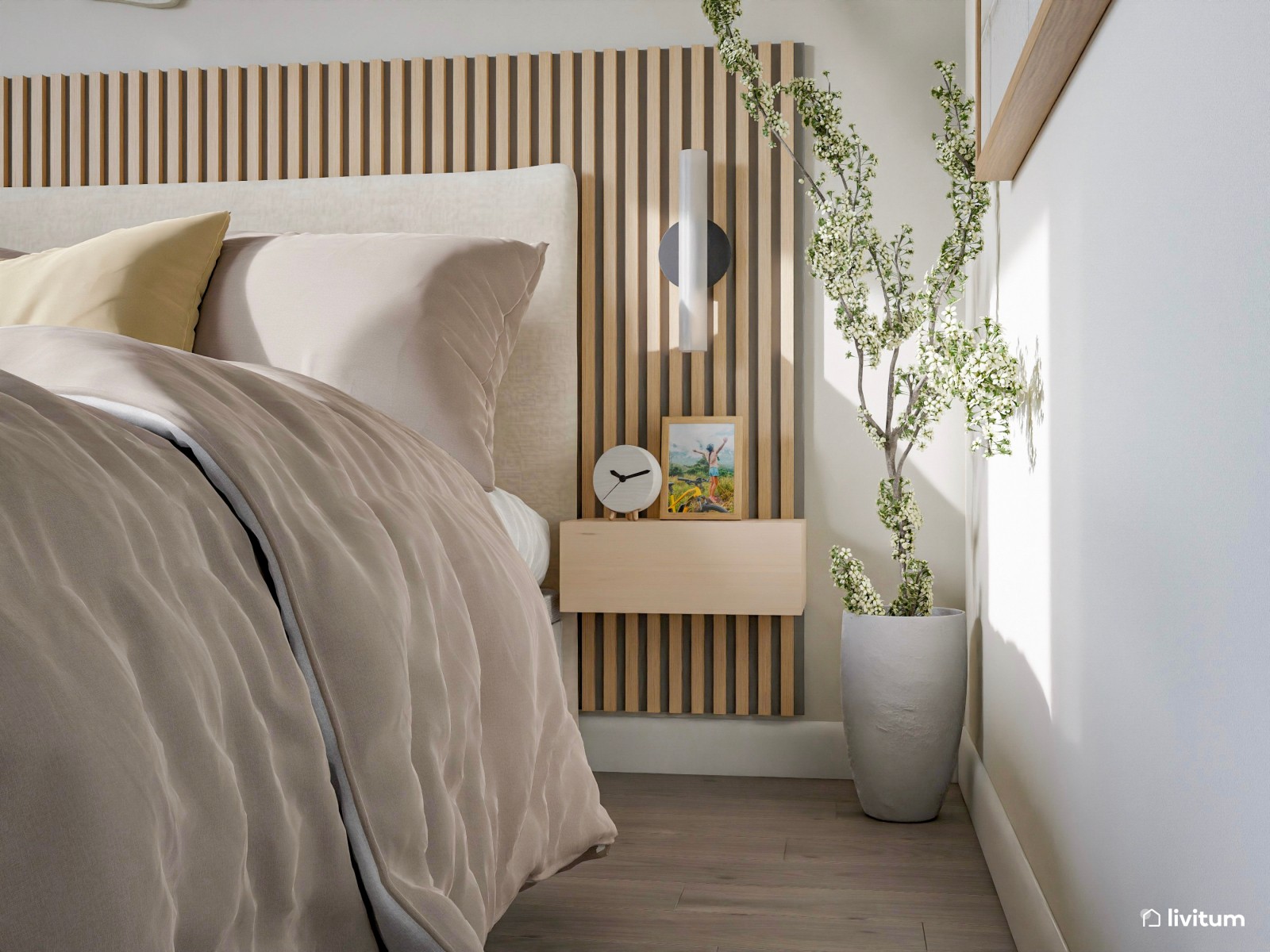 Relajado  y fresco dormitorio de estilo nórdico con listones de madera