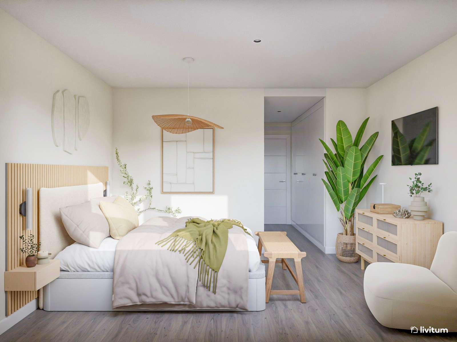 Relajado  y fresco dormitorio de estilo nórdico con listones de madera