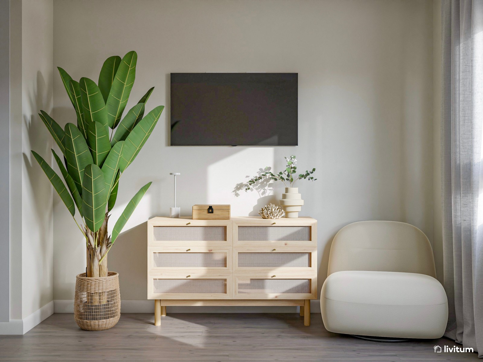 Relajado  y fresco dormitorio de estilo nórdico con listones de madera