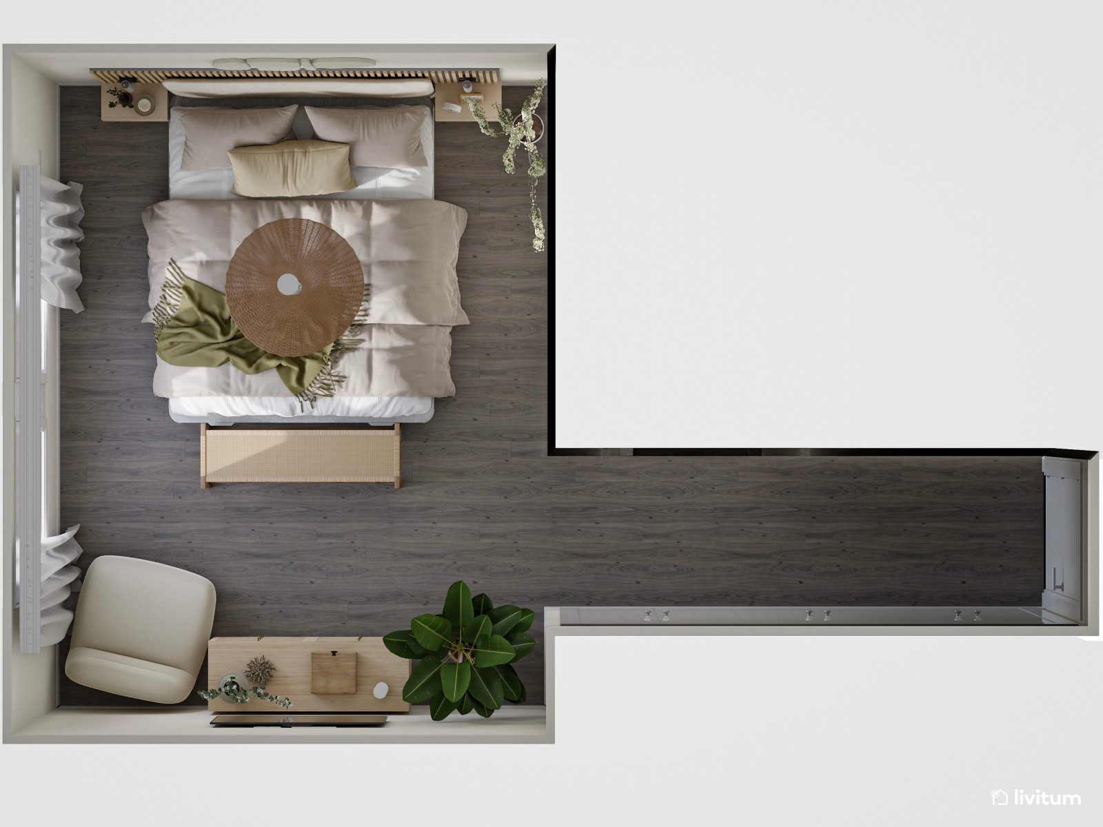 Relajado  y fresco dormitorio de estilo nórdico con listones de madera