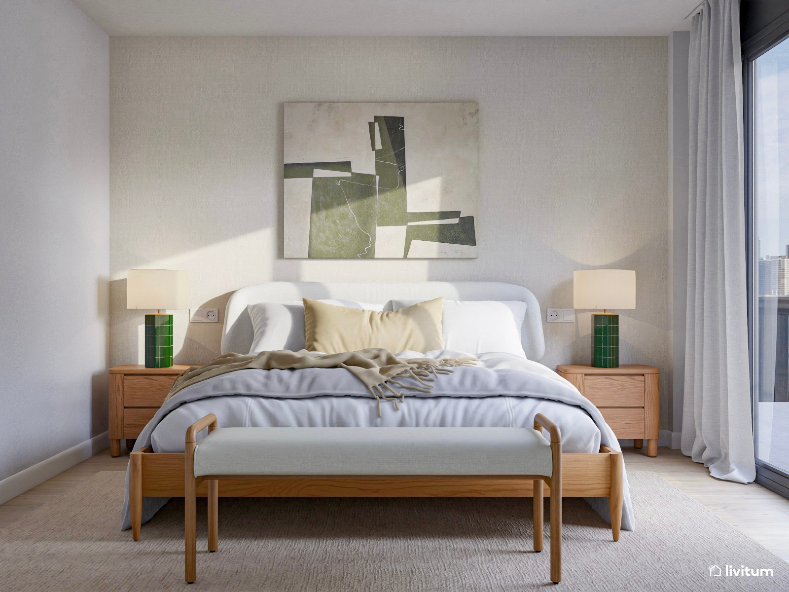 Relajado y pequeño dormitorio de 12 m² con detalles en verde