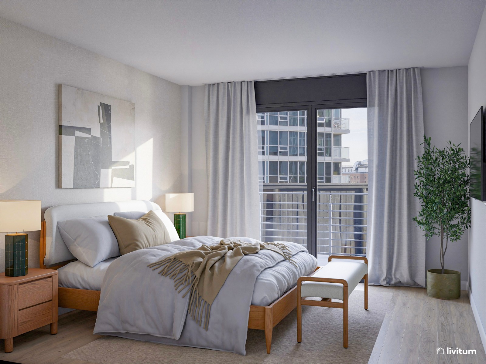 Relajado y pequeño dormitorio de 12 m² con detalles en verde