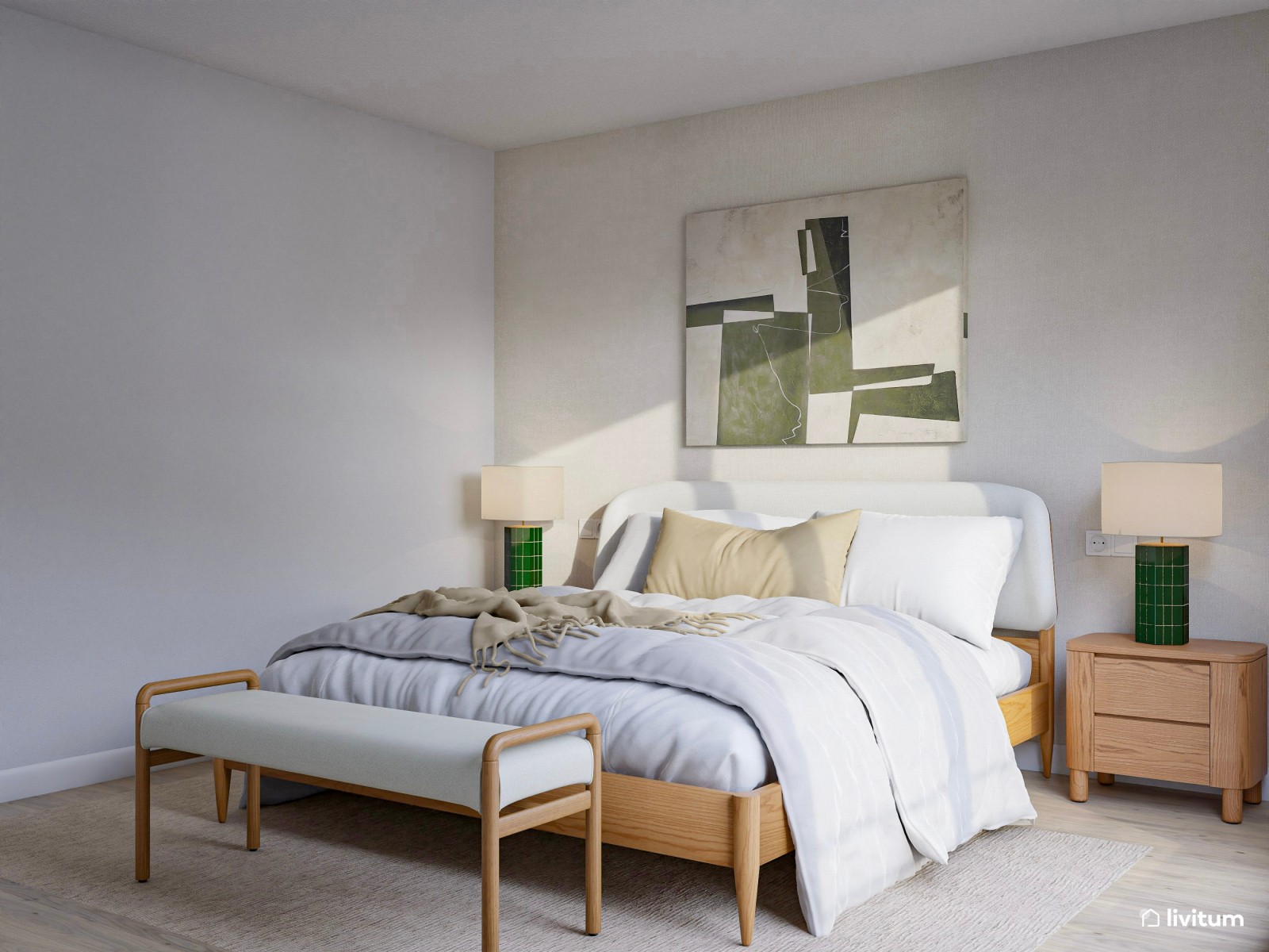Relajado y pequeño dormitorio de 12 m² con detalles en verde