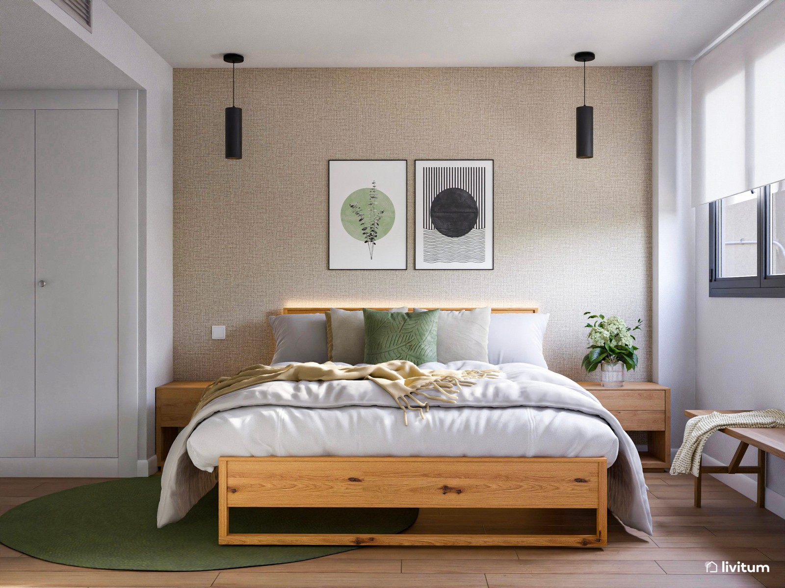  Relajante dormitorio de madera con acentos en verde musgo 