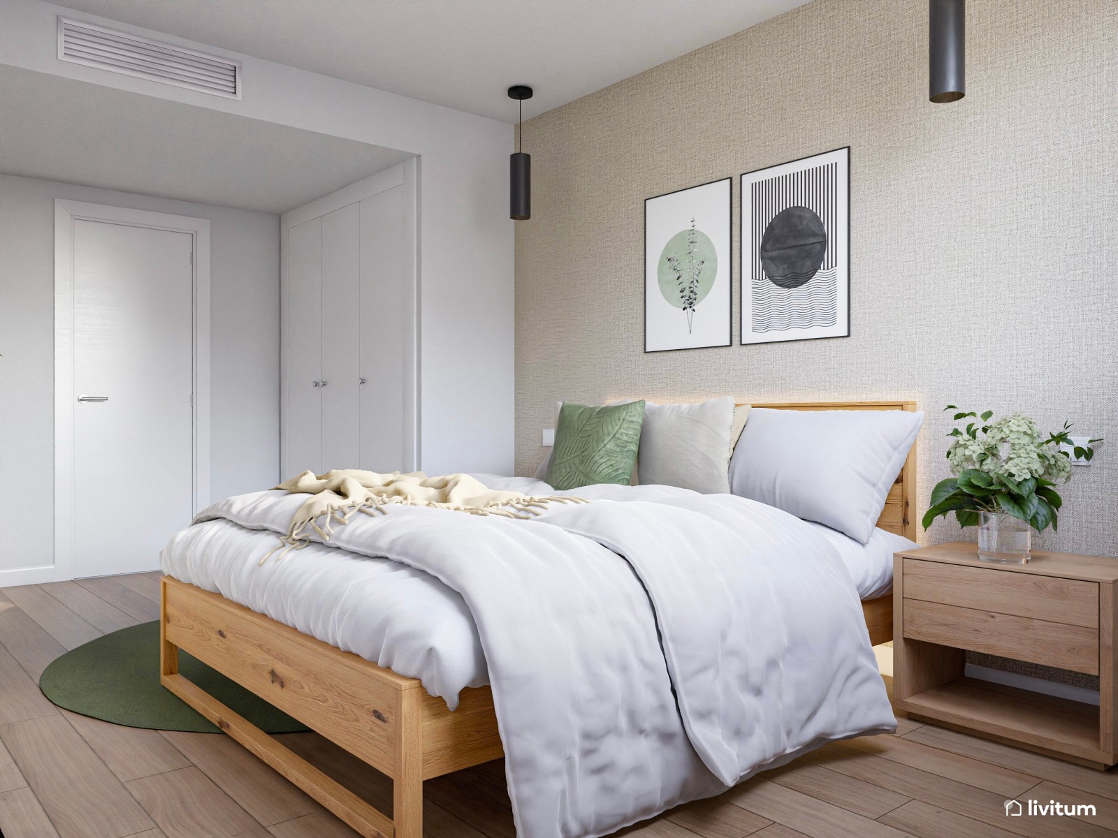  Relajante dormitorio de madera con acentos en verde musgo 