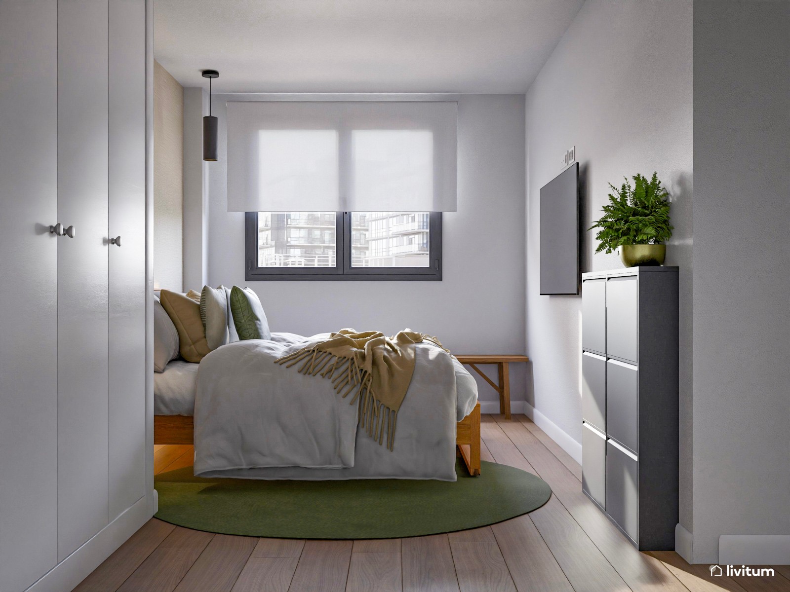  Relajante dormitorio de madera con acentos en verde musgo 