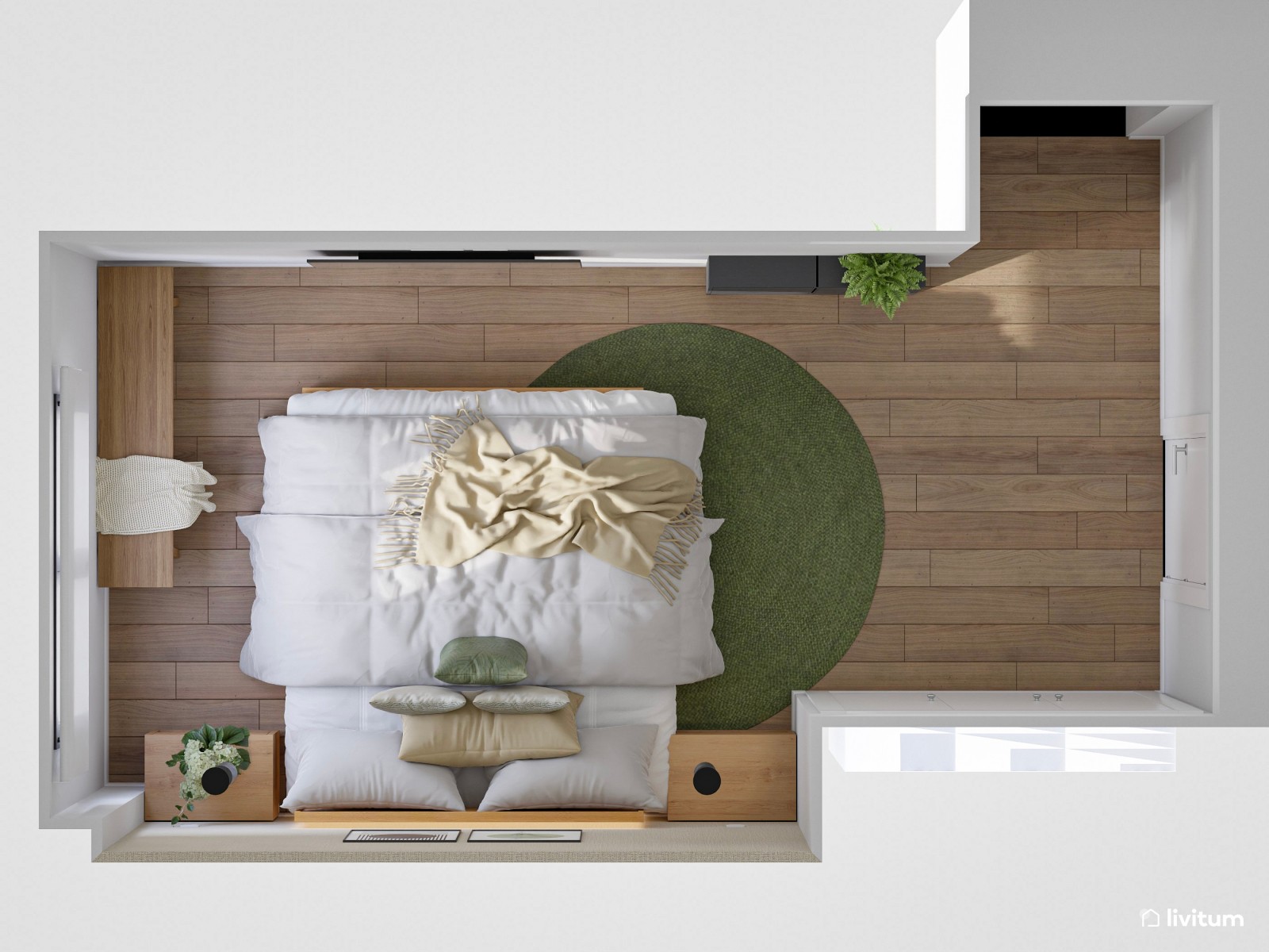  Relajante dormitorio de madera con acentos en verde musgo 