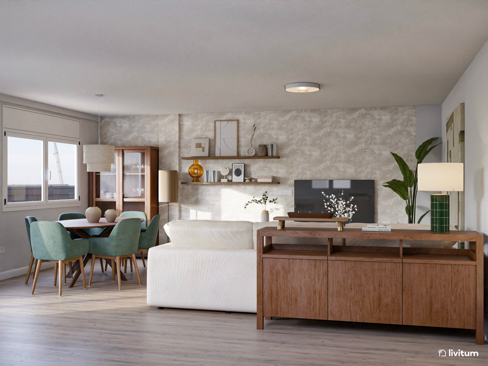 Relajante salón comedor con mobiliario en tonos suaves y acentos en verde