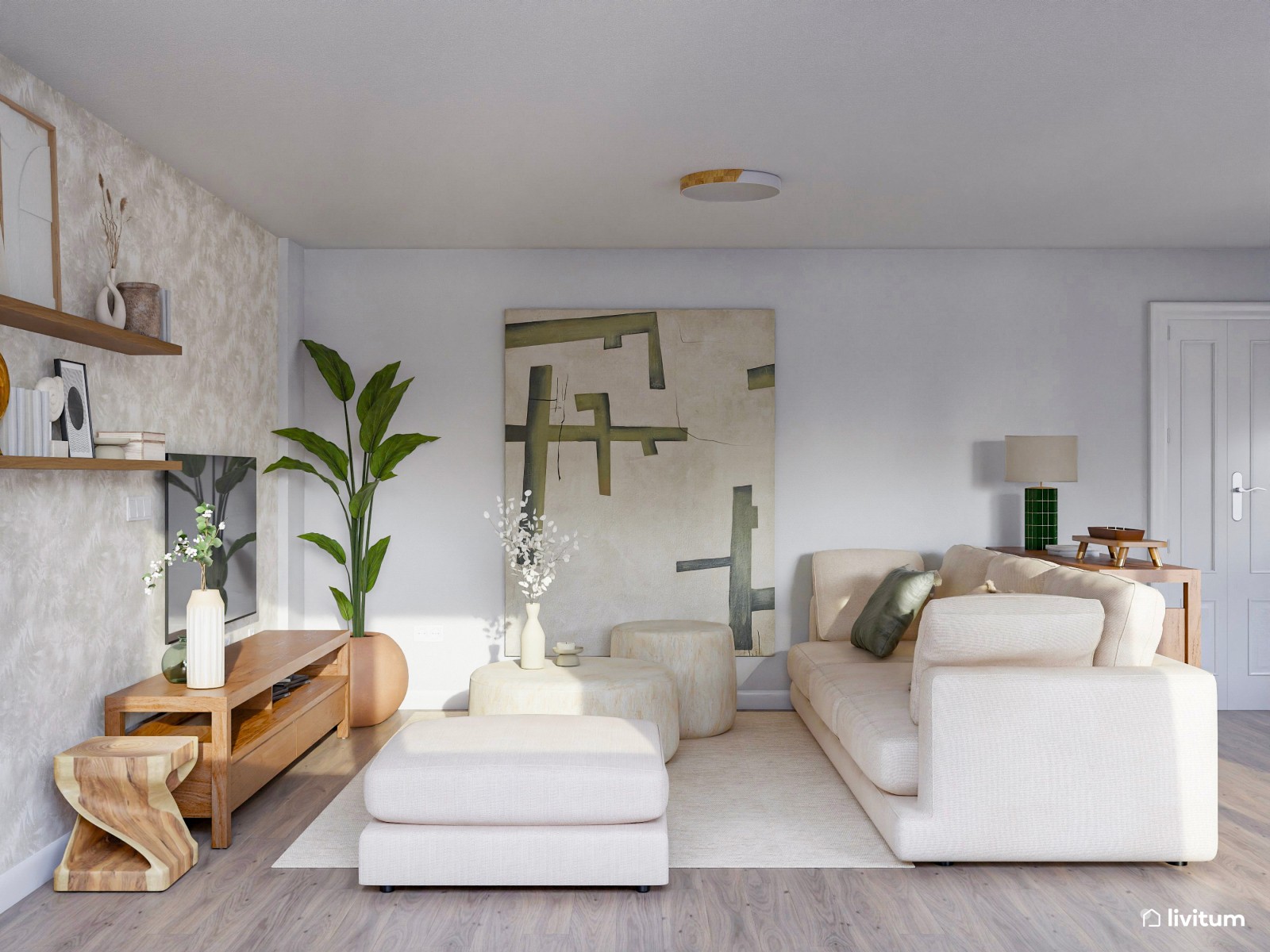 Relajante salón comedor con mobiliario en tonos suaves y acentos en verde