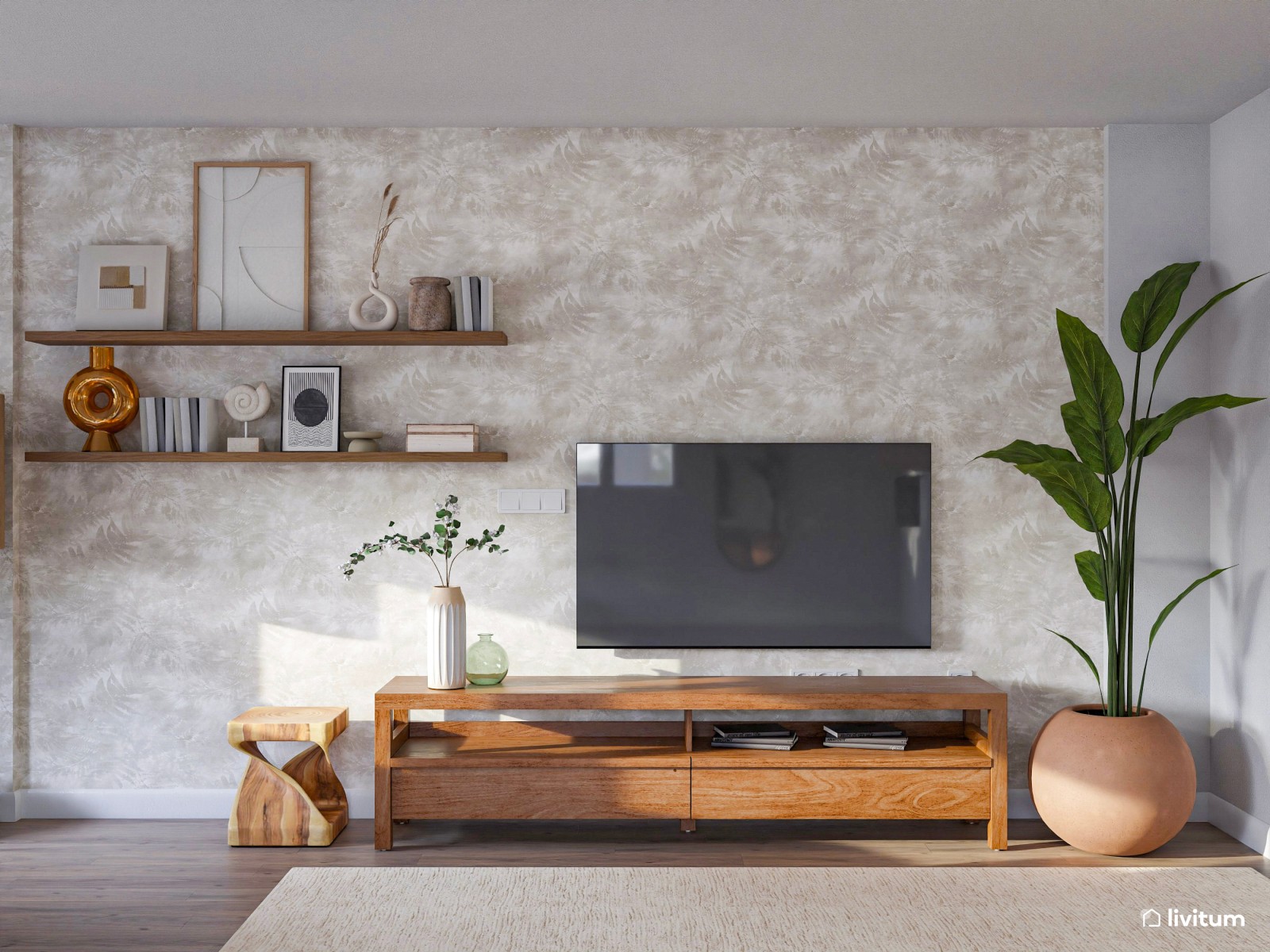 Relajante salón comedor con mobiliario en tonos suaves y acentos en verde