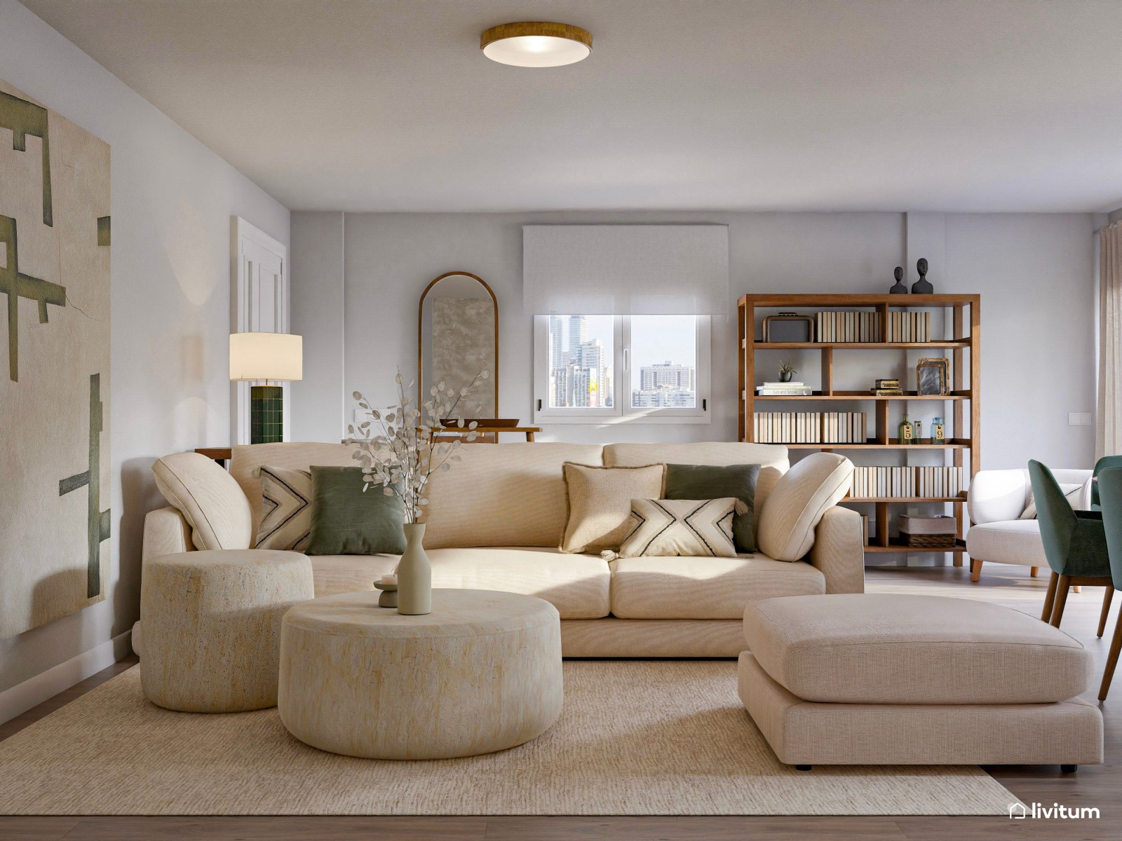 Relajante salón comedor con mobiliario en tonos suaves y acentos en verde