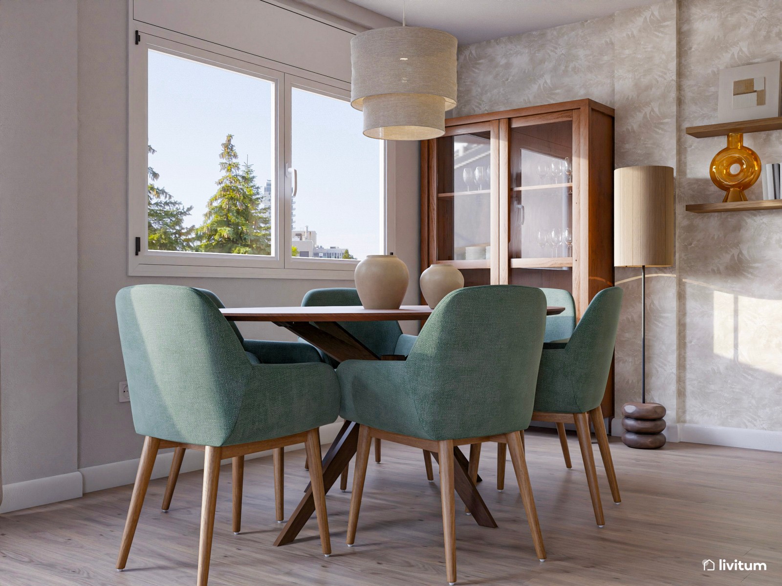 Relajante salón comedor con mobiliario en tonos suaves y acentos en verde