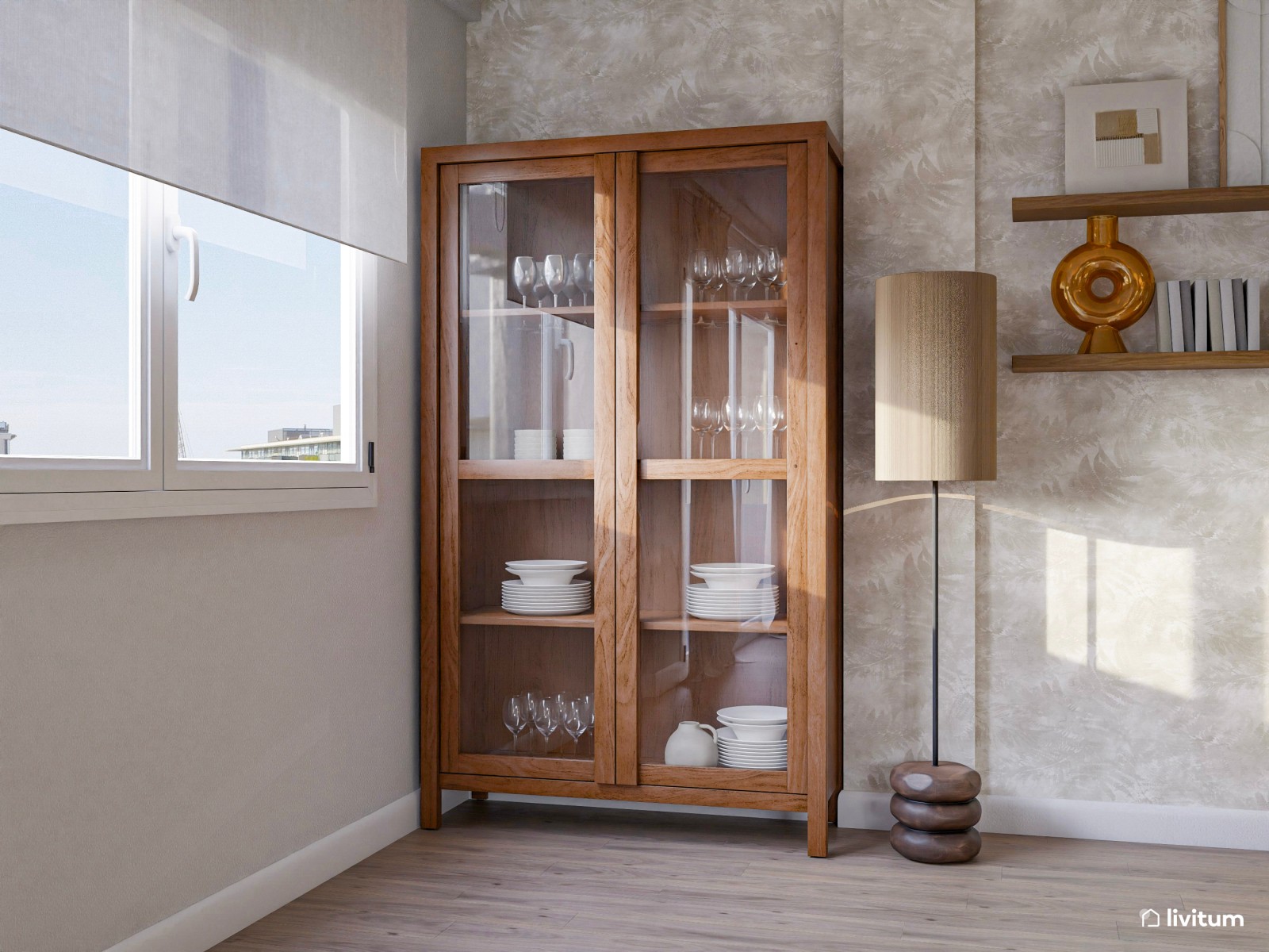 Relajante salón comedor con mobiliario en tonos suaves y acentos en verde