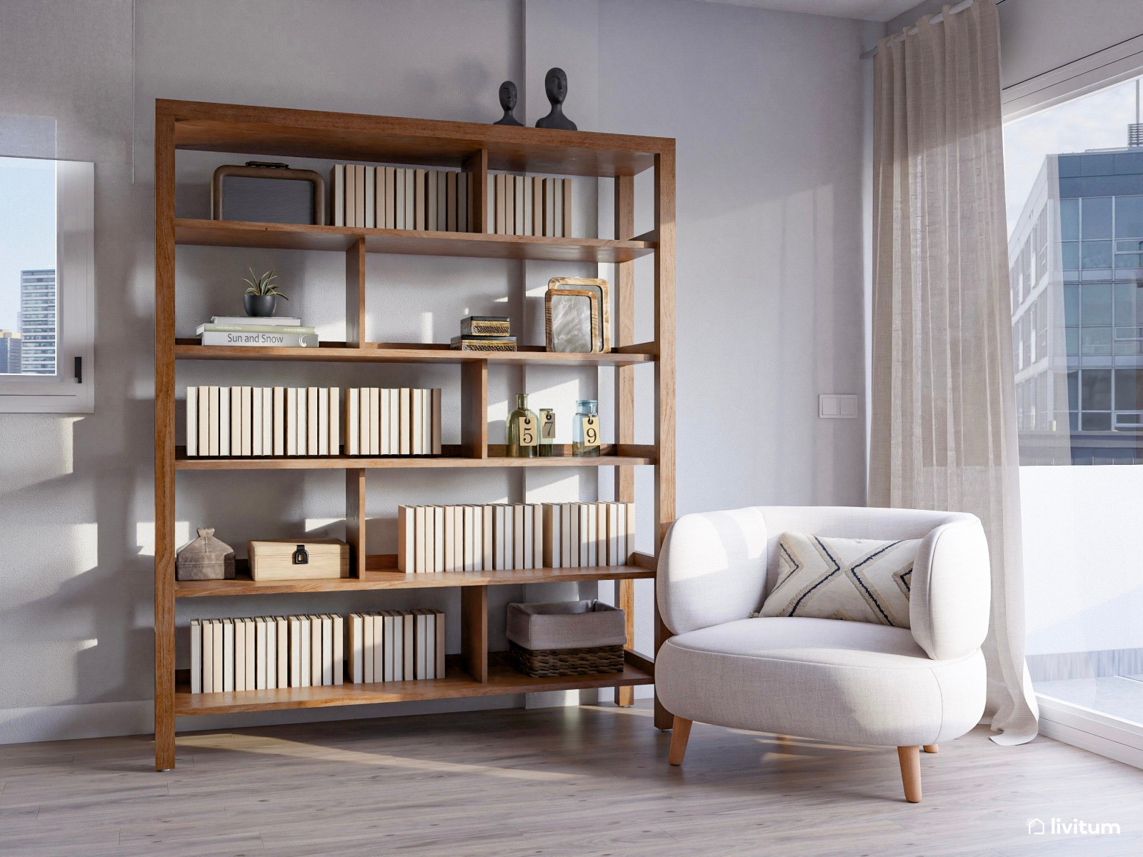 Relajante salón comedor con mobiliario en tonos suaves y acentos en verde