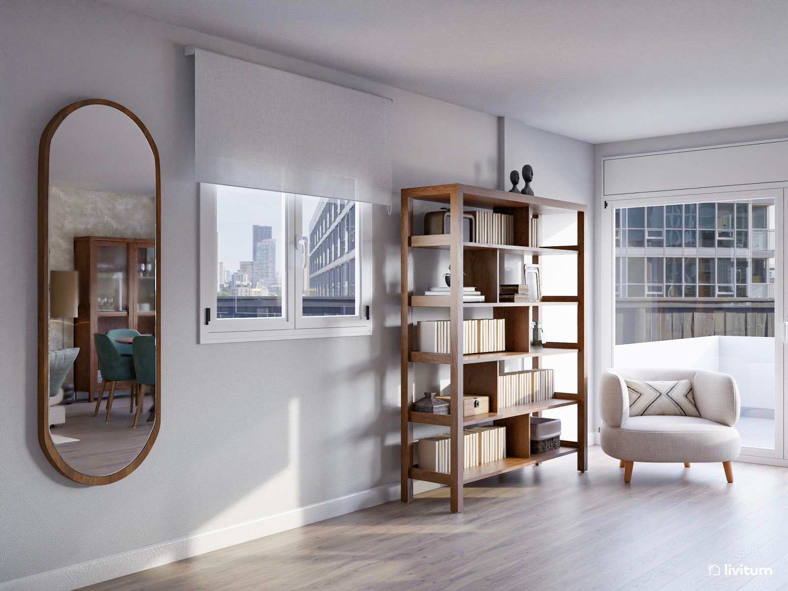 Relajante salón comedor con mobiliario en tonos suaves y acentos en verde