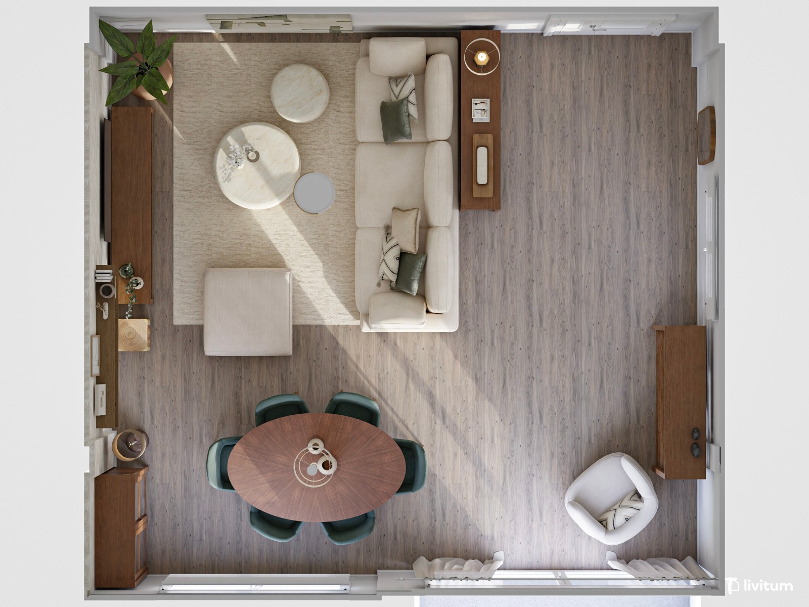 Relajante salón comedor con mobiliario en tonos suaves y acentos en verde