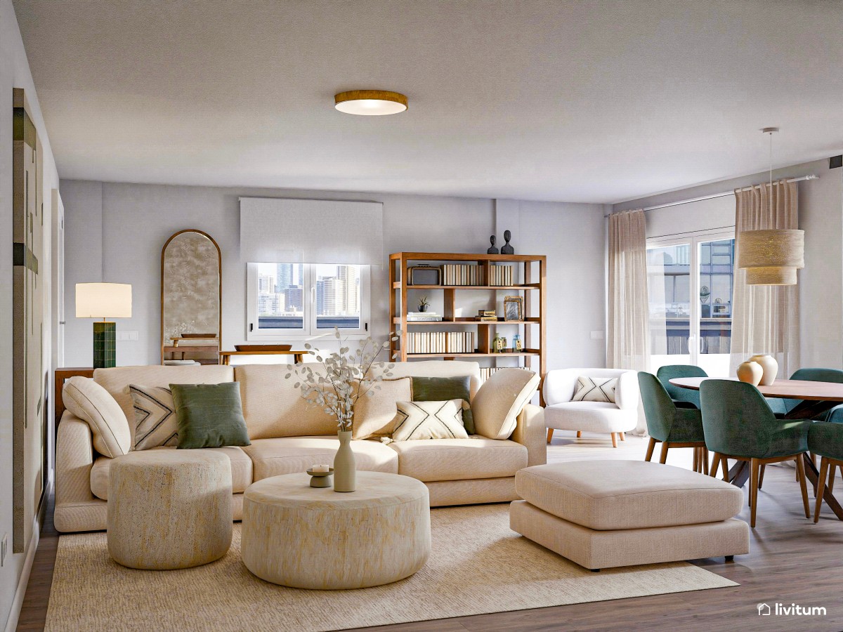 Relajante salón comedor con mobiliario en tonos suaves y acentos en verde