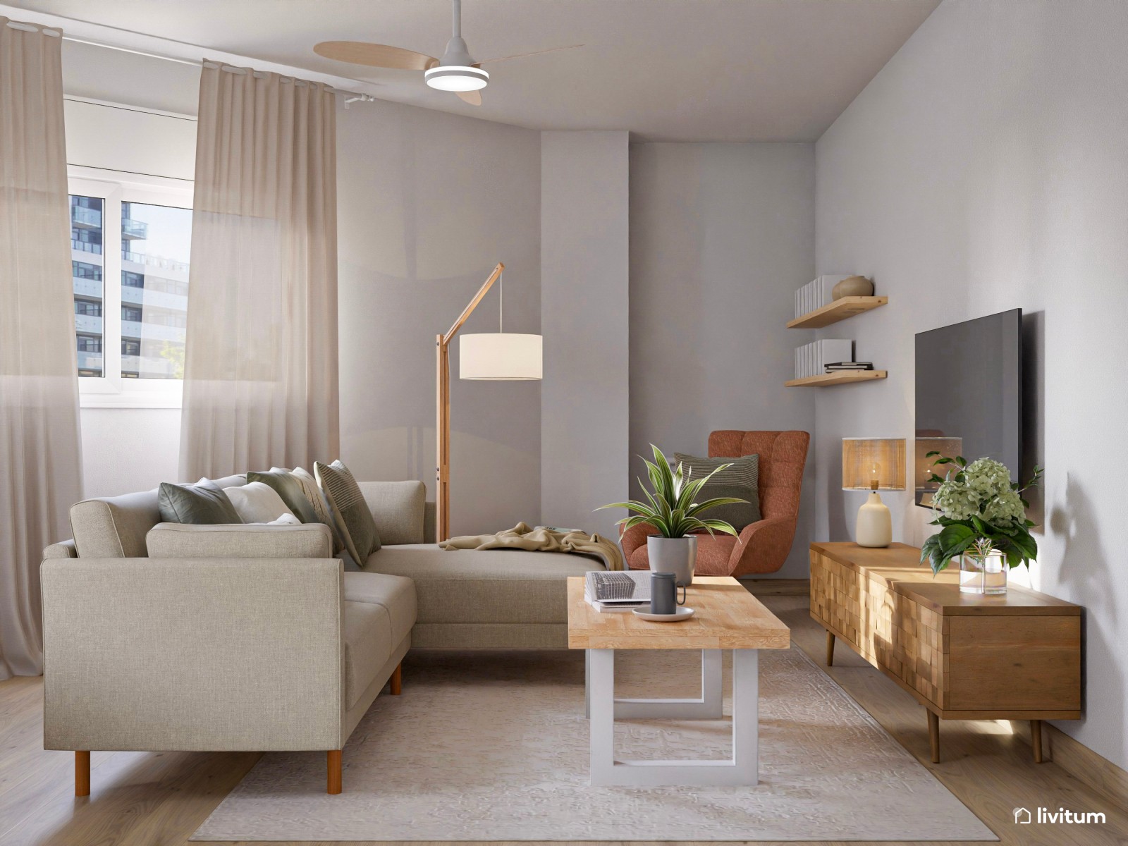 Relajante salón comedor con rincón de lectura en planta irregular