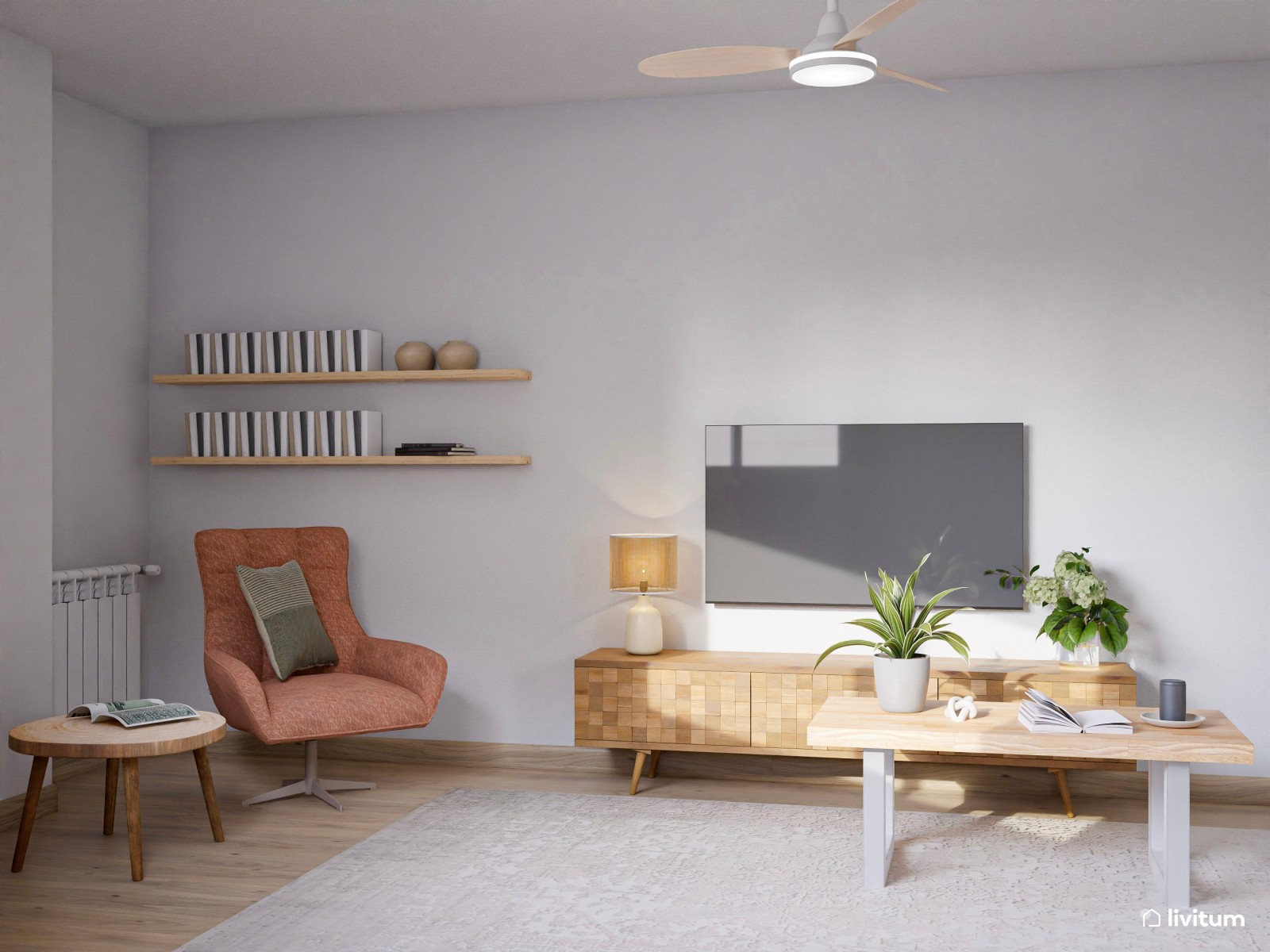 Relajante salón comedor con rincón de lectura en planta irregular