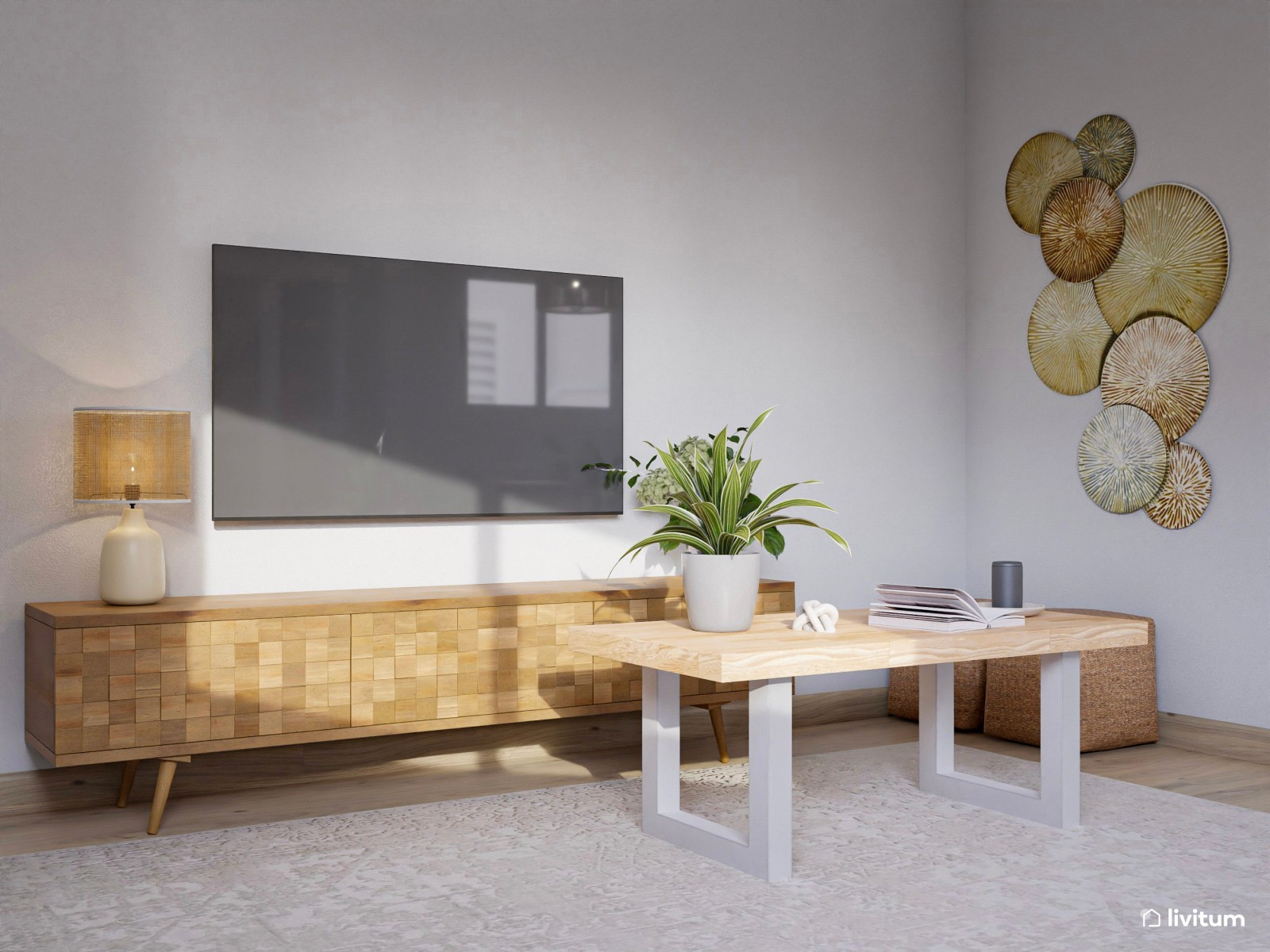 Relajante salón comedor con rincón de lectura en planta irregular