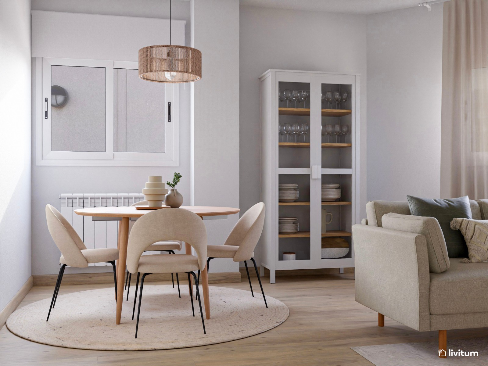 Relajante salón comedor con rincón de lectura en planta irregular