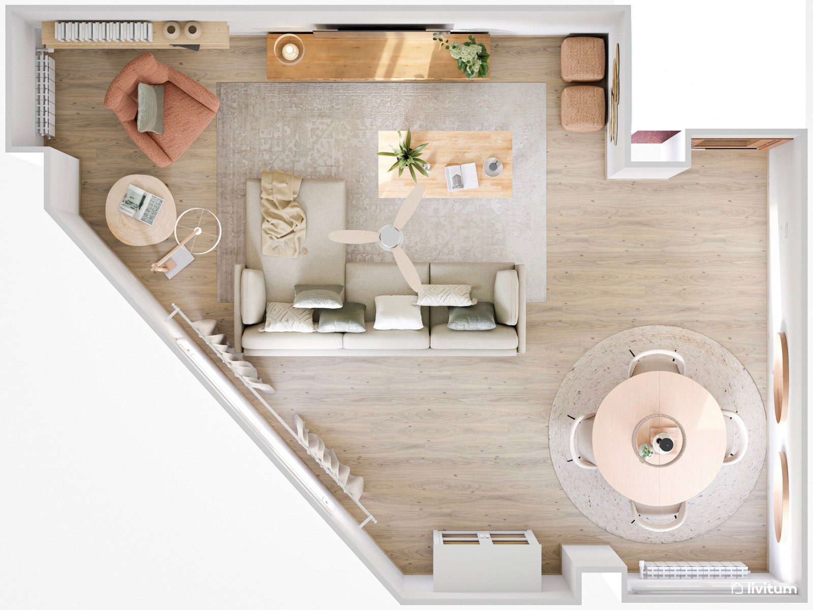 Relajante salón comedor con rincón de lectura en planta irregular