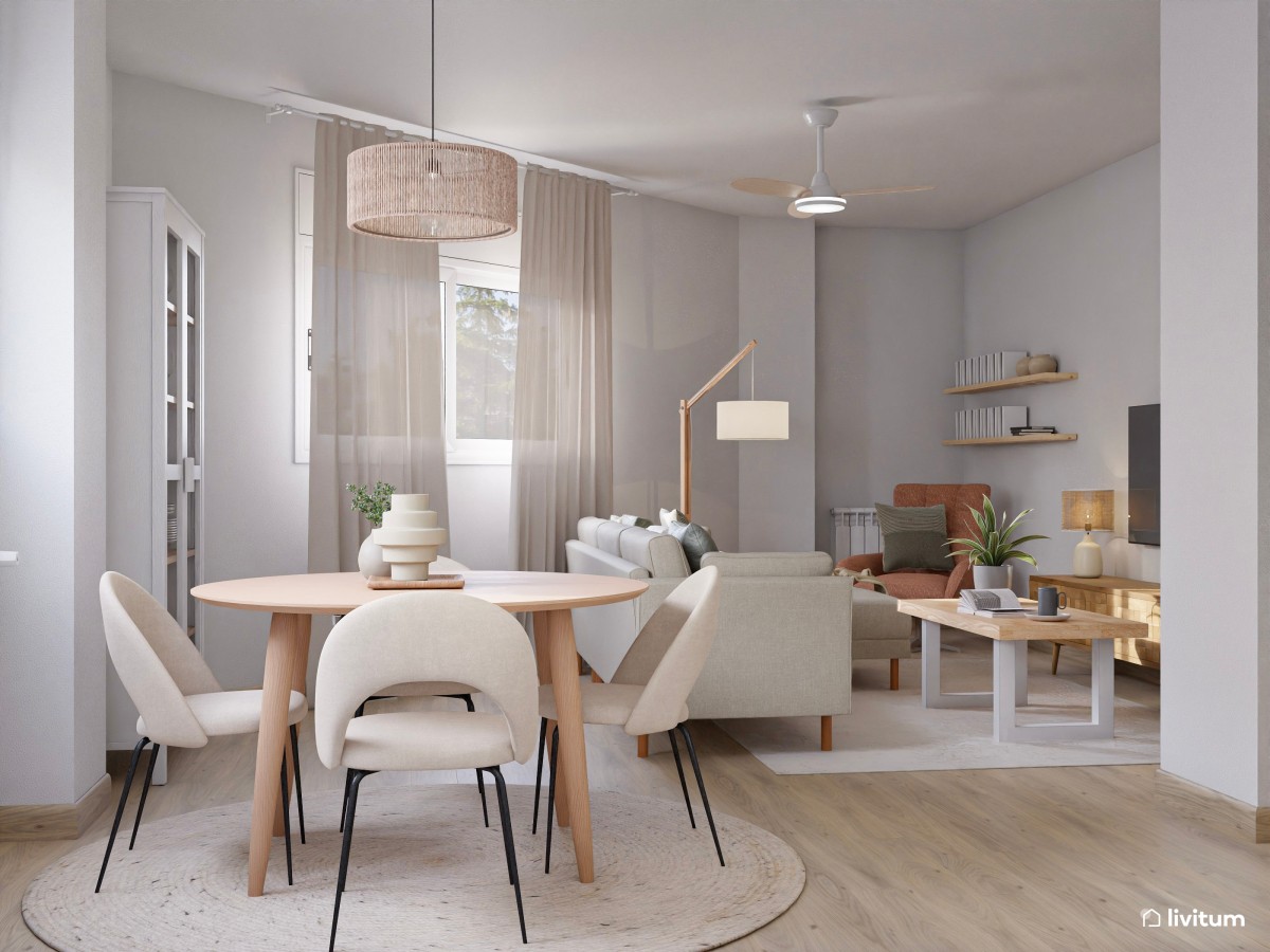 Relajante salón comedor con rincón de lectura en planta irregular
