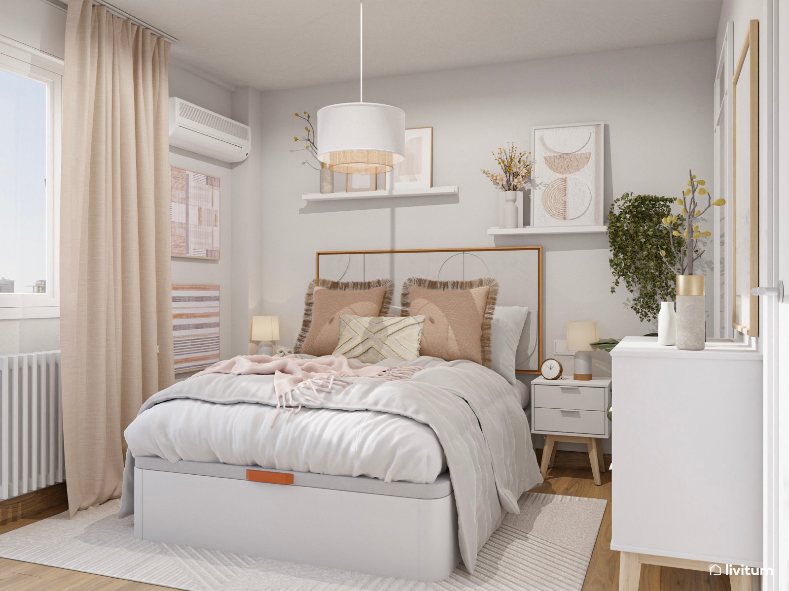 Romántico dormitorio con muebles blancos y armario vestidor de madera abierto
