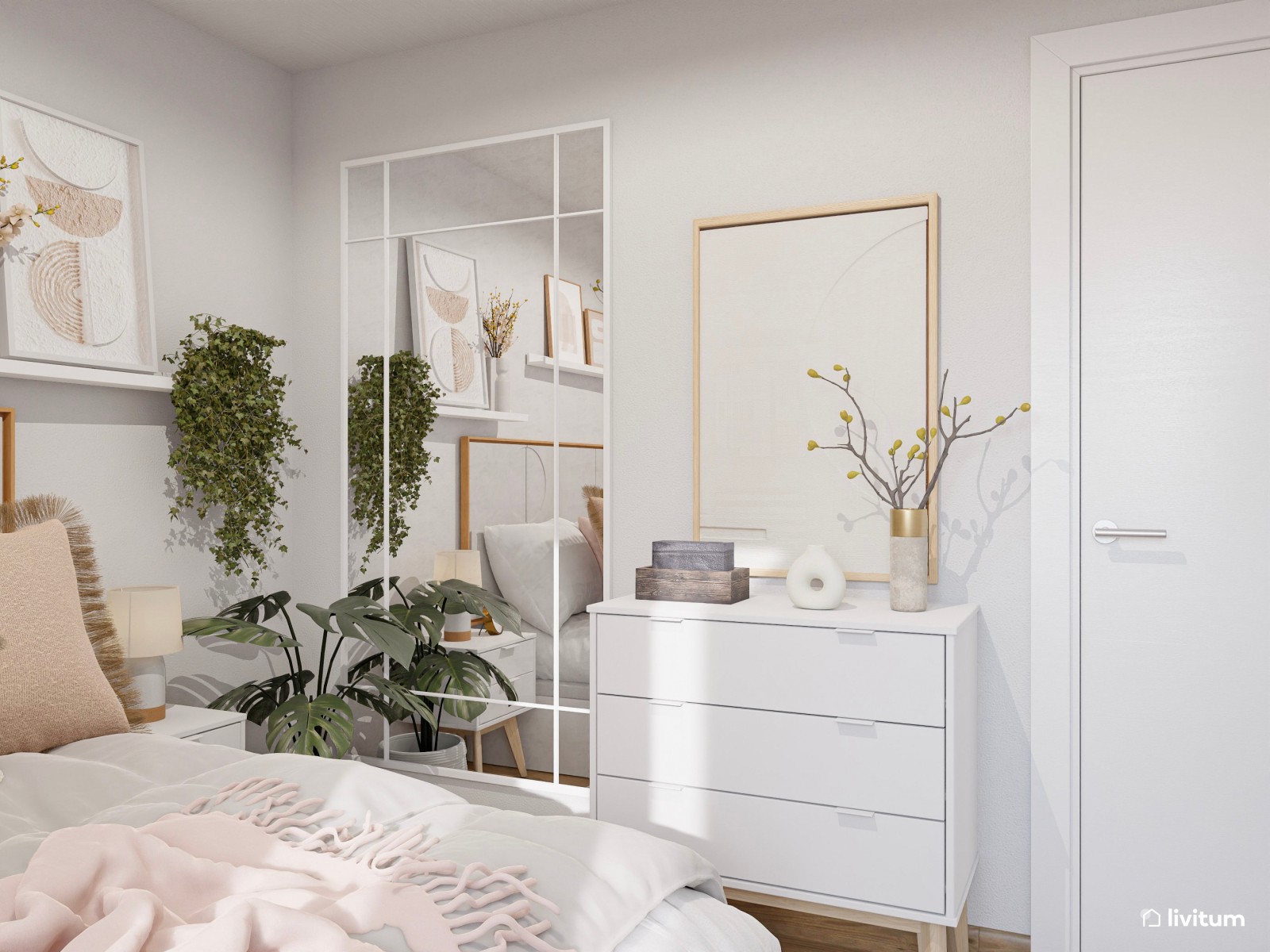 Romántico dormitorio con muebles blancos y armario vestidor de madera abierto