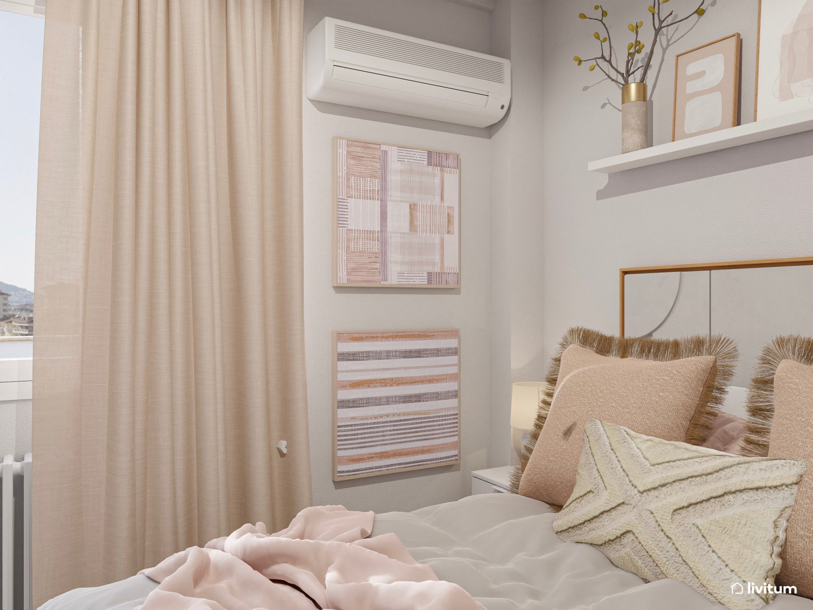 Romántico dormitorio con muebles blancos y armario vestidor de madera abierto