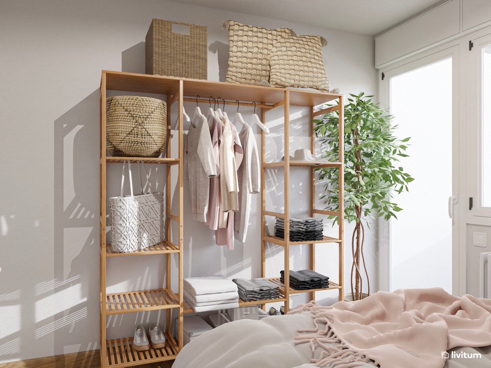 Romántico dormitorio con muebles blancos y armario vestidor de madera abierto