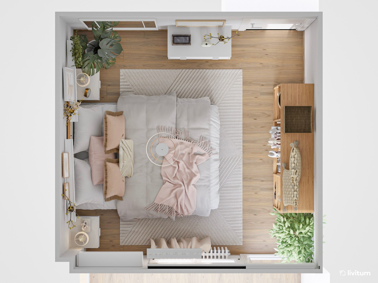 Romántico dormitorio con muebles blancos y armario vestidor de madera abierto