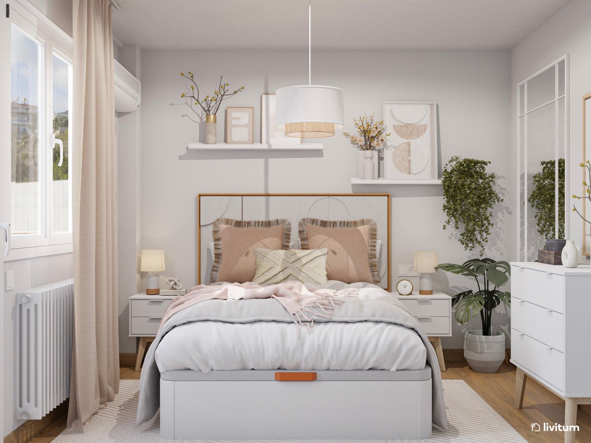 Romántico dormitorio con muebles blancos y armario vestidor de madera abierto