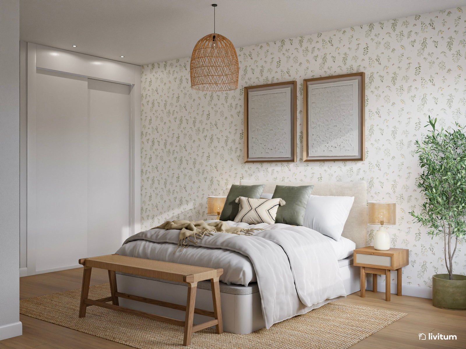 Romántico dormitorio con papel pintado y detalles de fibras naturales