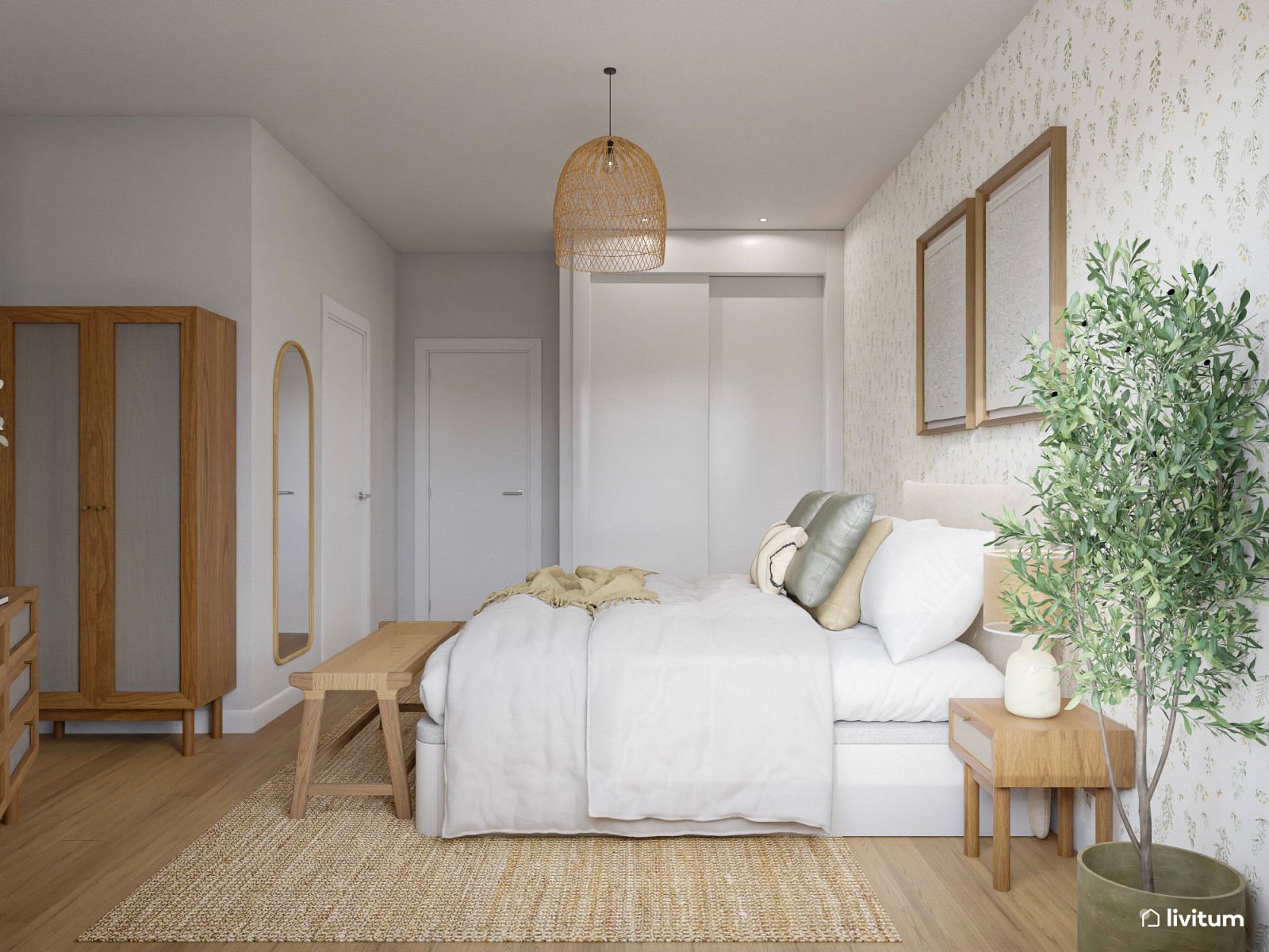 Romántico dormitorio con papel pintado y detalles de fibras naturales