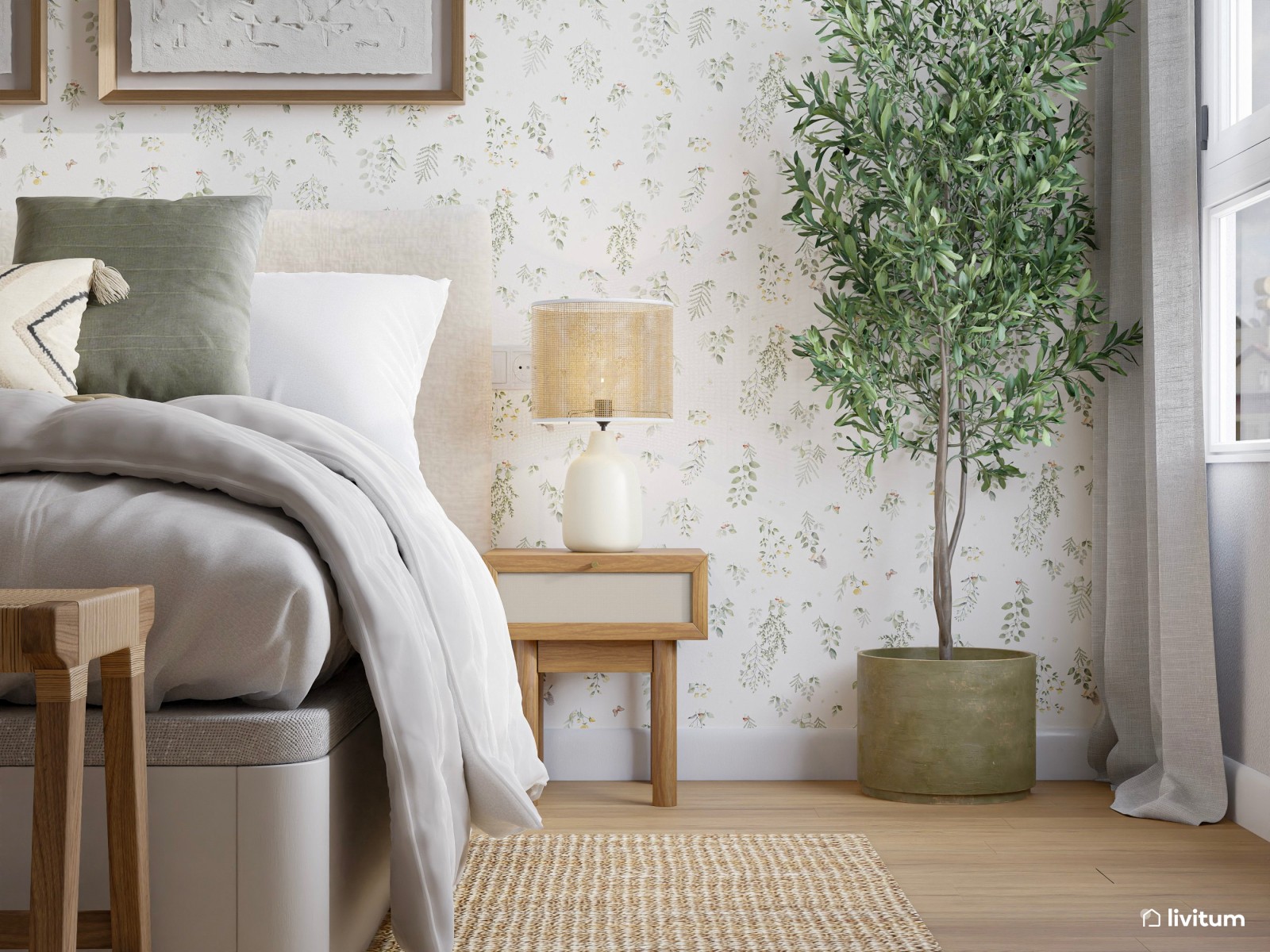 Romántico dormitorio con papel pintado y detalles de fibras naturales