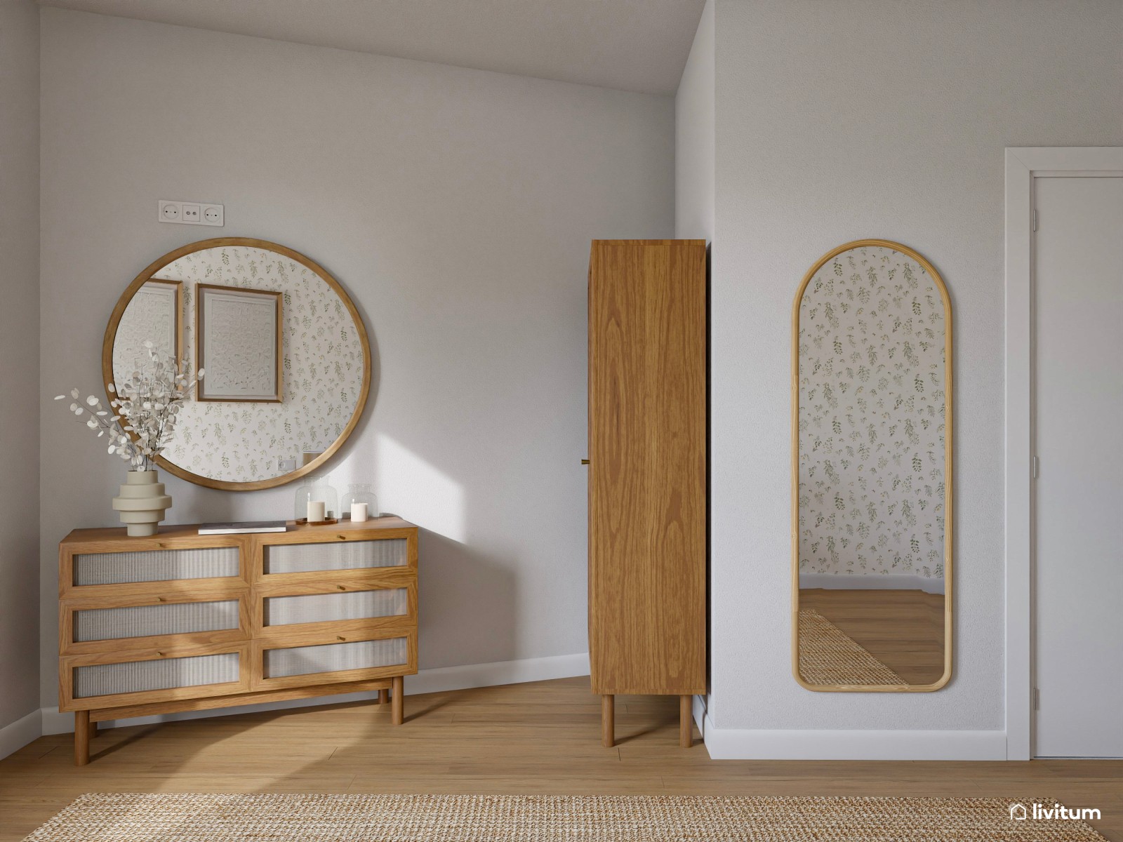 Romántico dormitorio con papel pintado y detalles de fibras naturales