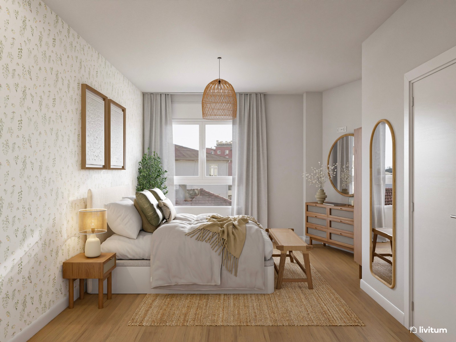 Romántico dormitorio con papel pintado y detalles de fibras naturales