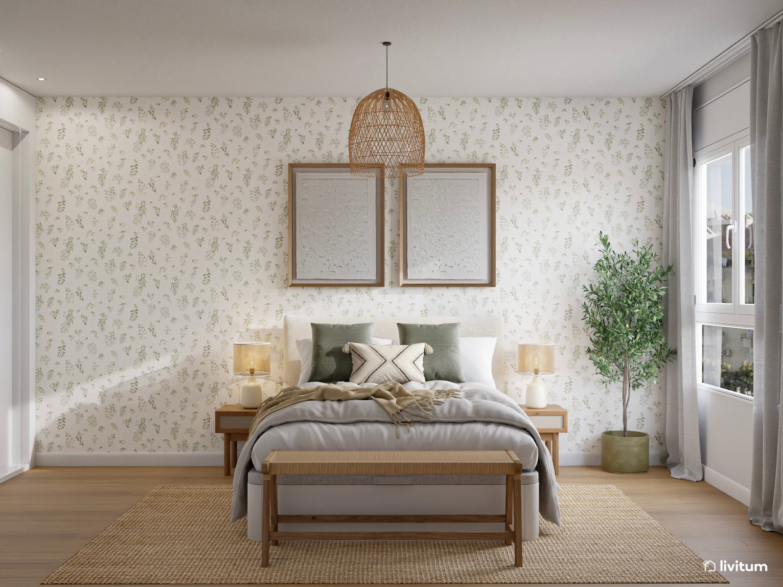 Romántico dormitorio con papel pintado y detalles de fibras naturales