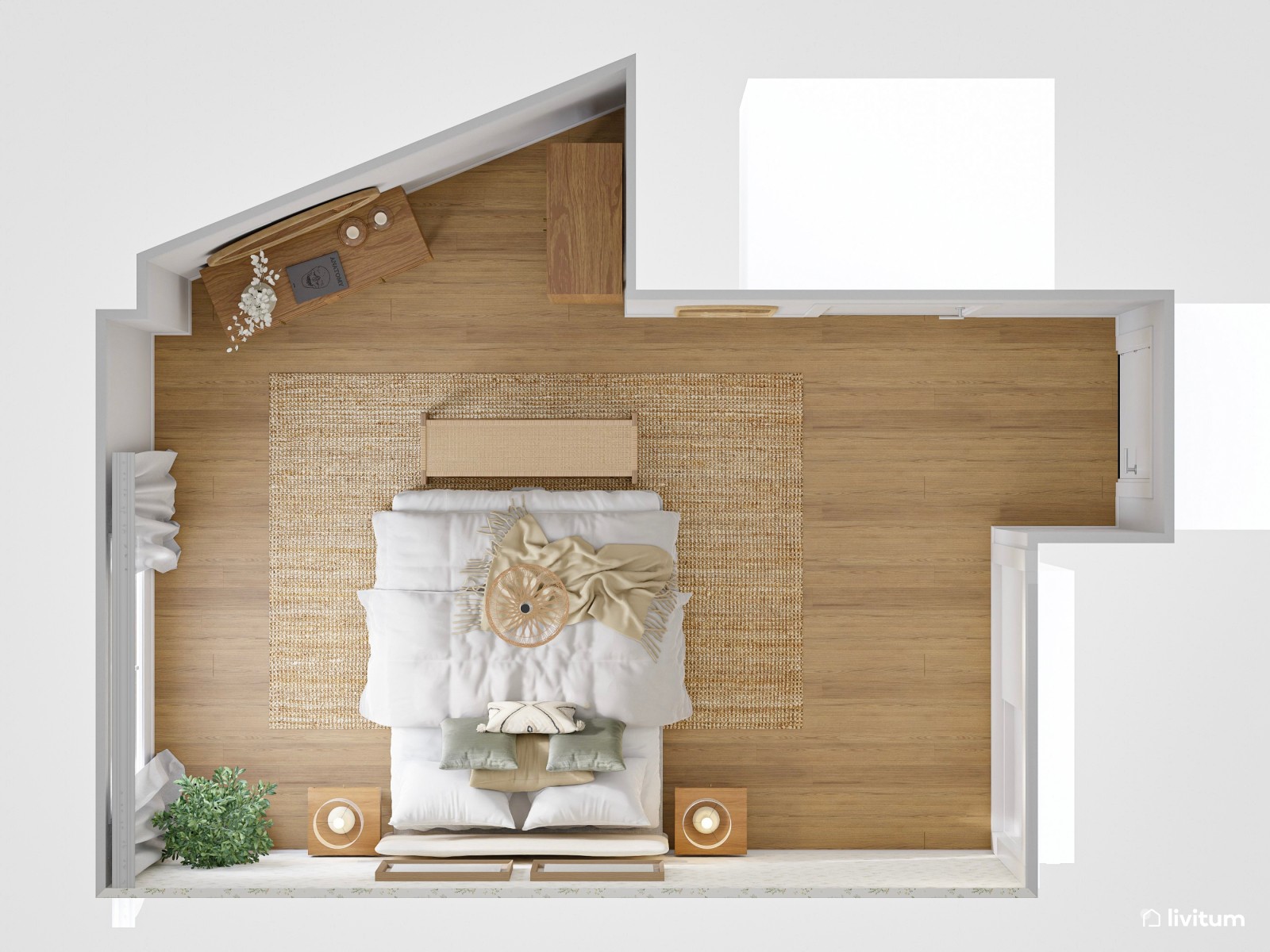 Romántico dormitorio con papel pintado y detalles de fibras naturales